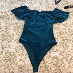Blue velvet off the shoulder bodysuit